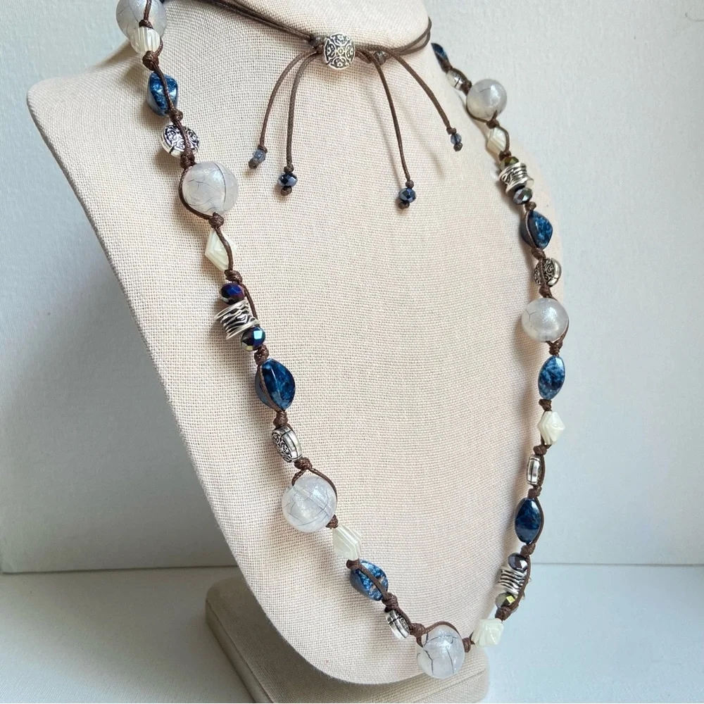 Premier Designs Chambray necklace blue white silvertone beads on cord with bolo